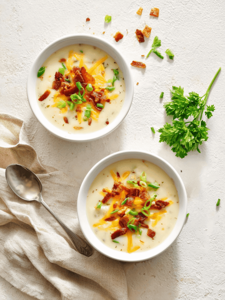 Two bowls of creamy Outback potato soup topped with cheddar, bacon, and green onions