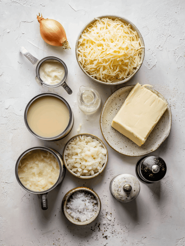 Ingredients for Outback potato soup recipe including hash browns, cream cheese, and chicken broth