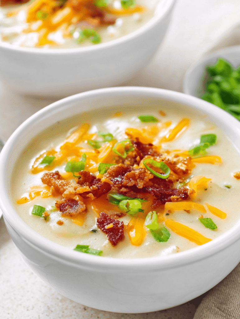 Creamy Outback potato soup topped with cheddar, bacon, and green onions in a white bowl