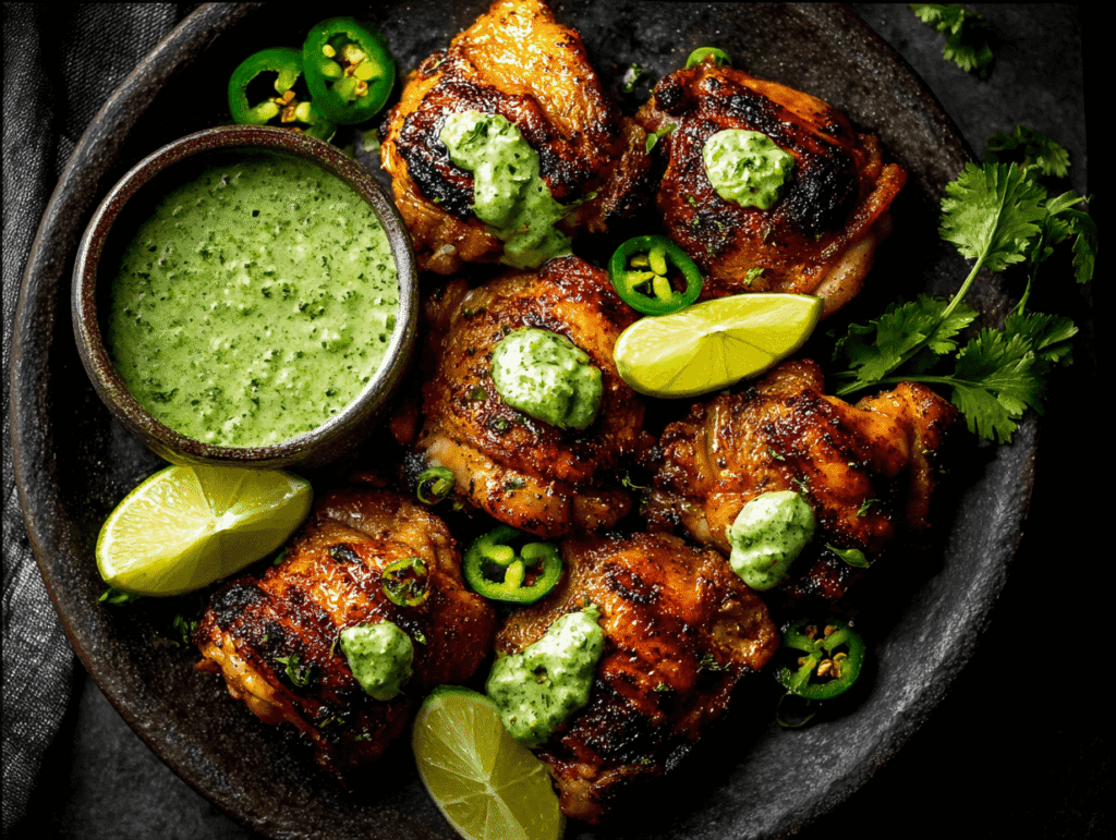 Peruvian chicken recipe with creamy green aji sauce and lime wedges