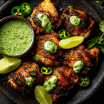 Peruvian chicken recipe with creamy green aji sauce and lime wedges