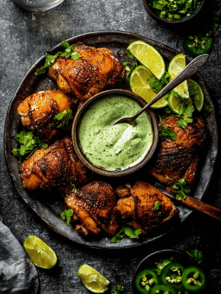 Peruvian chicken recipe served with green Aji Verde sauce and lime wedges