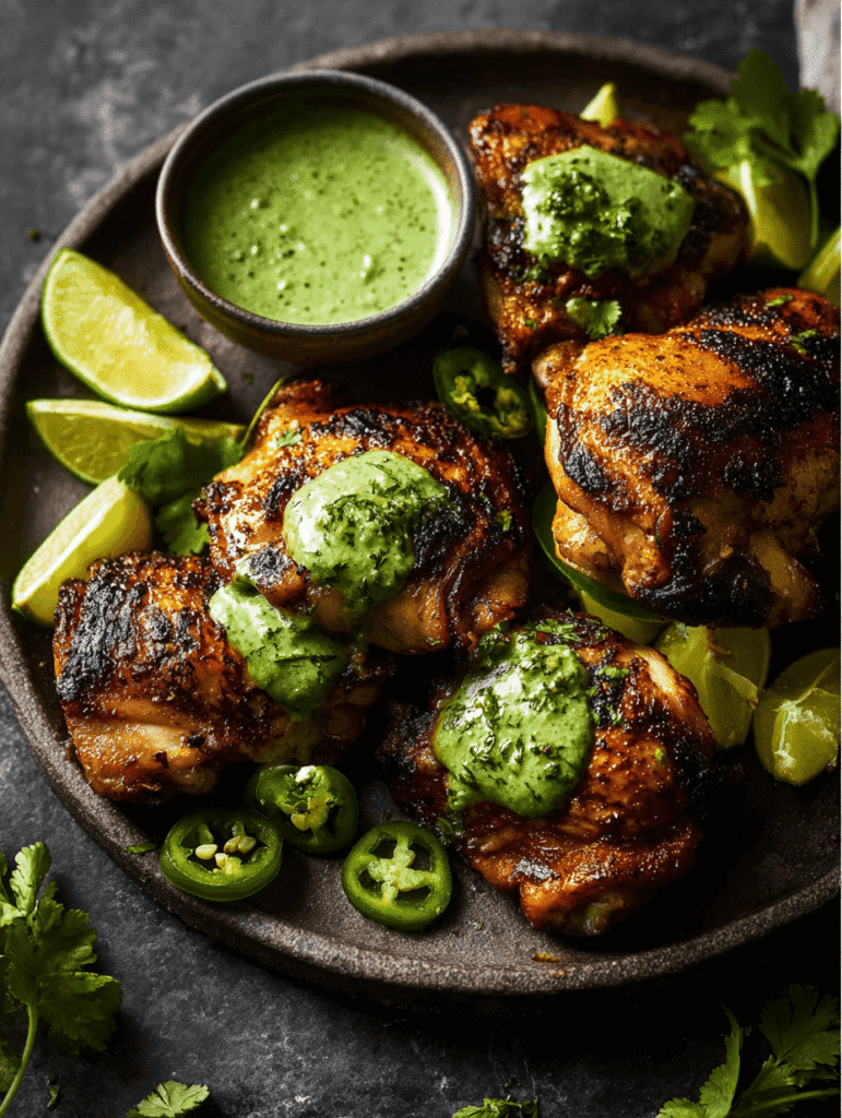 Peruvian chicken recipe with golden roasted chicken topped with Aji Verde sauce