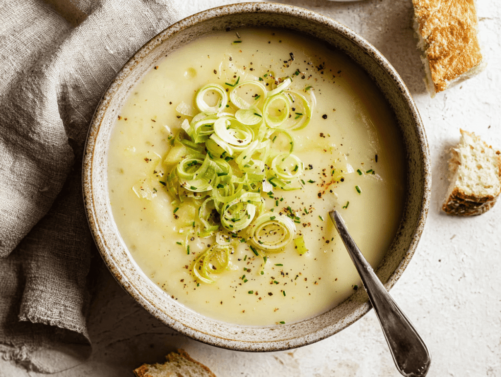 Creamy potato leek soup without cream in rustic bowl