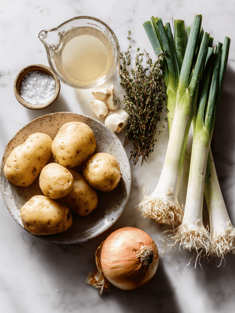 Ingredients for potato leek soup without cream on marble surface