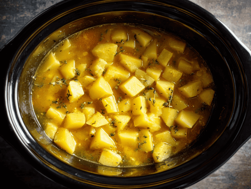 Diced potatoes and broth cooking in slow cooker for Crockpot Potato Soup