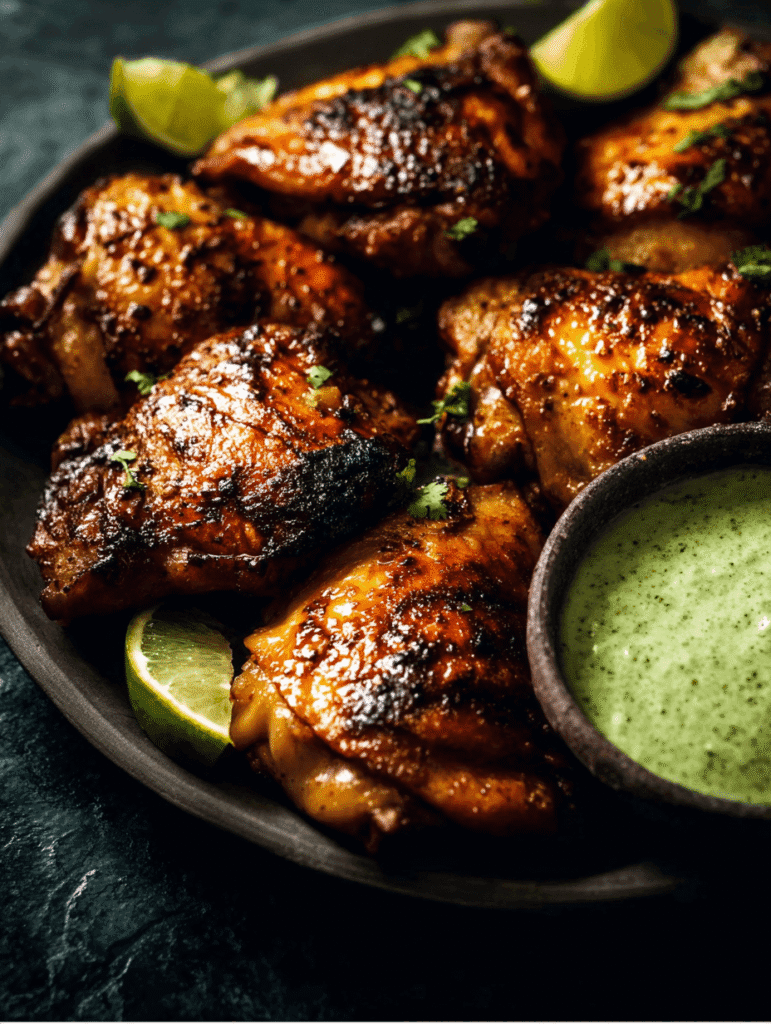 Roasted Peruvian chicken with golden skin and green Aji Verde sauce