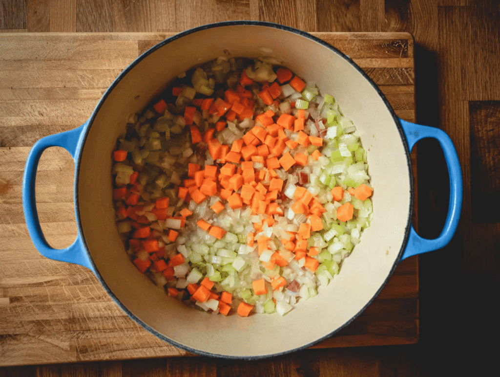 Diced onions, carrots, and celery cooking in a pot for ground turkey soup.