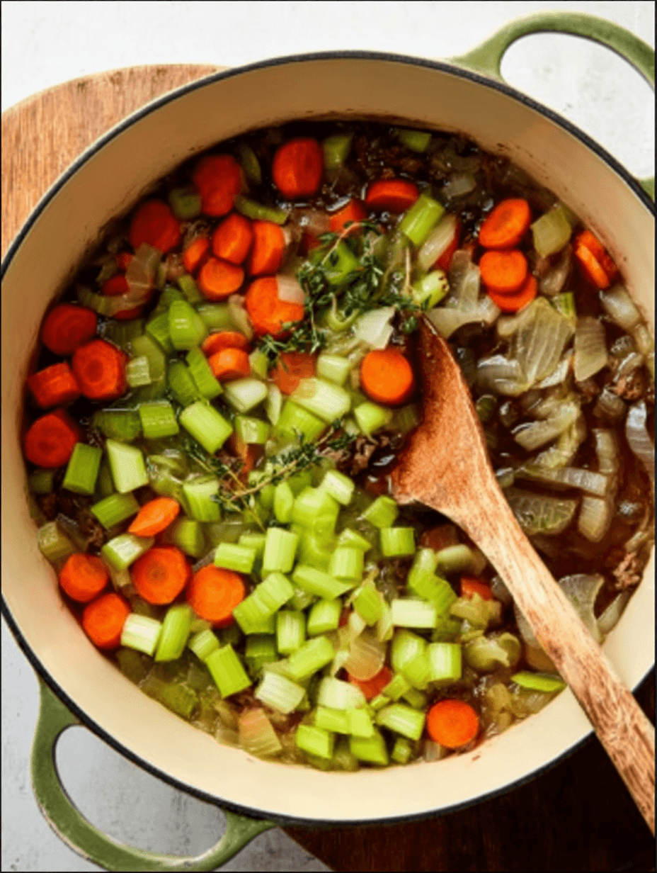 Carrots, celery, and onions sautéing in a Dutch oven for Hawaiian beef stew recipe step three