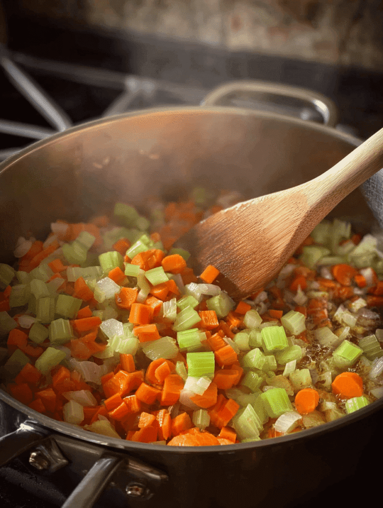 Sautéing carrots, celery, onions, and garlic in a pot for Old Fashioned Vegetable Beef Soup