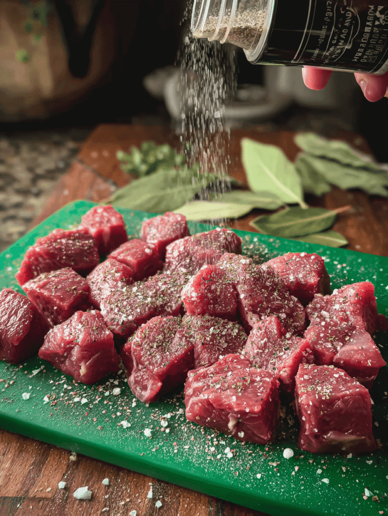 Seasoning beef cubes with salt, pepper, and garlic for Old Fashioned Vegetable Beef Soup