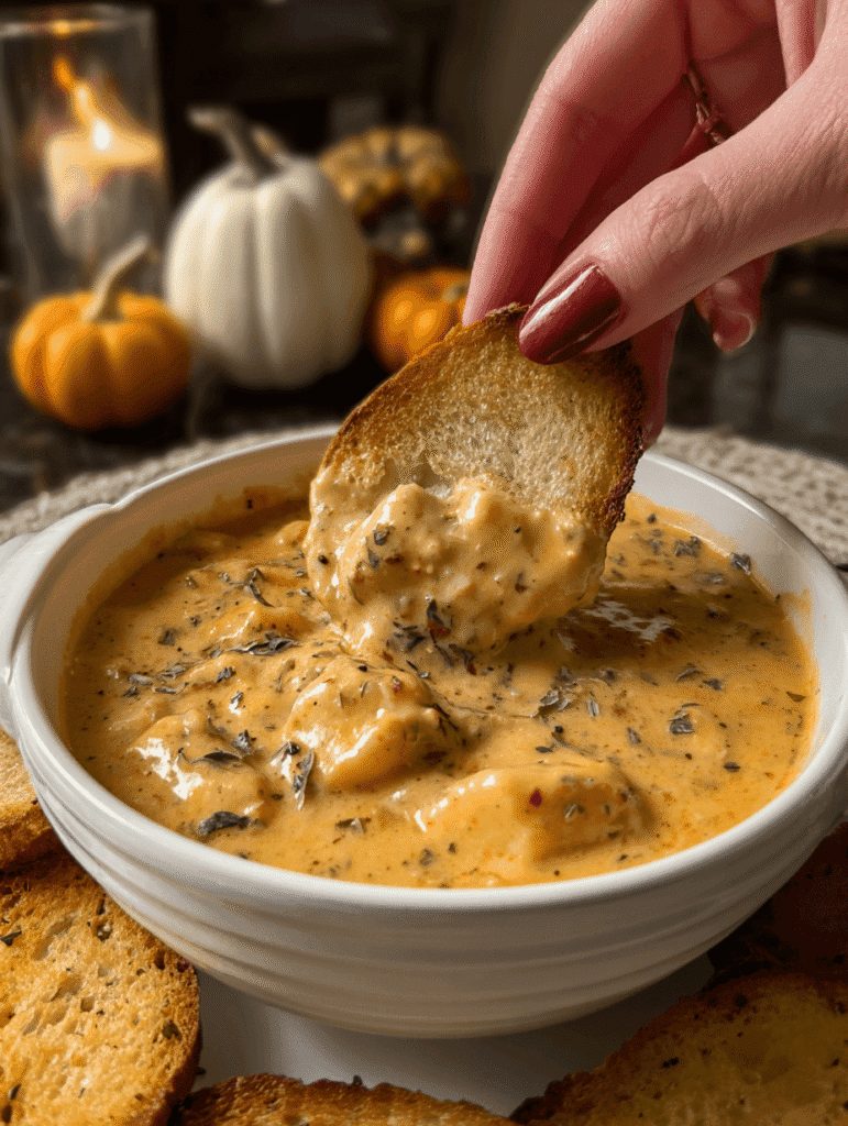 Dipping toasted bread into creamy Marry Me Chicken Gnocchi Soup