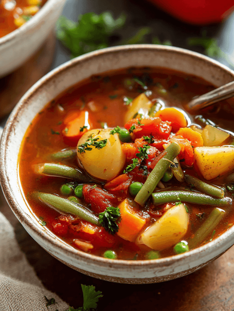 old-fashioned homemade vegetable soup in rustic pot