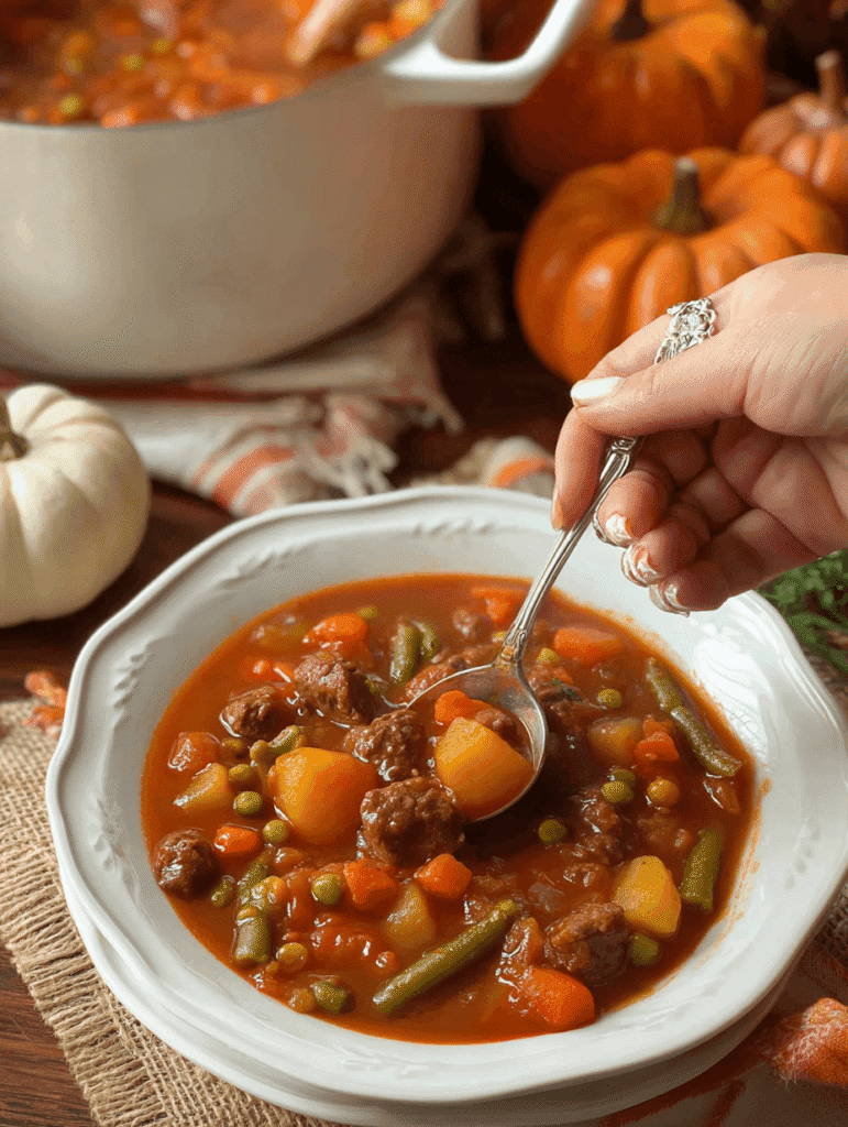 Serving a bowl of Old Fashioned Vegetable Beef Soup with spoon and pot in background