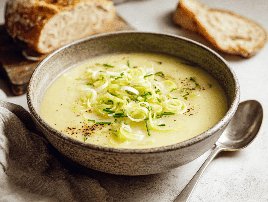 Serving creamy potato leek soup without cream in a rustic bowl