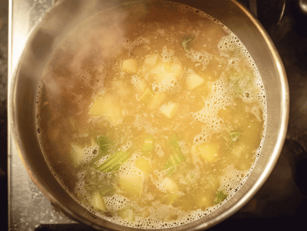 Potato leek soup without cream simmering on the stove