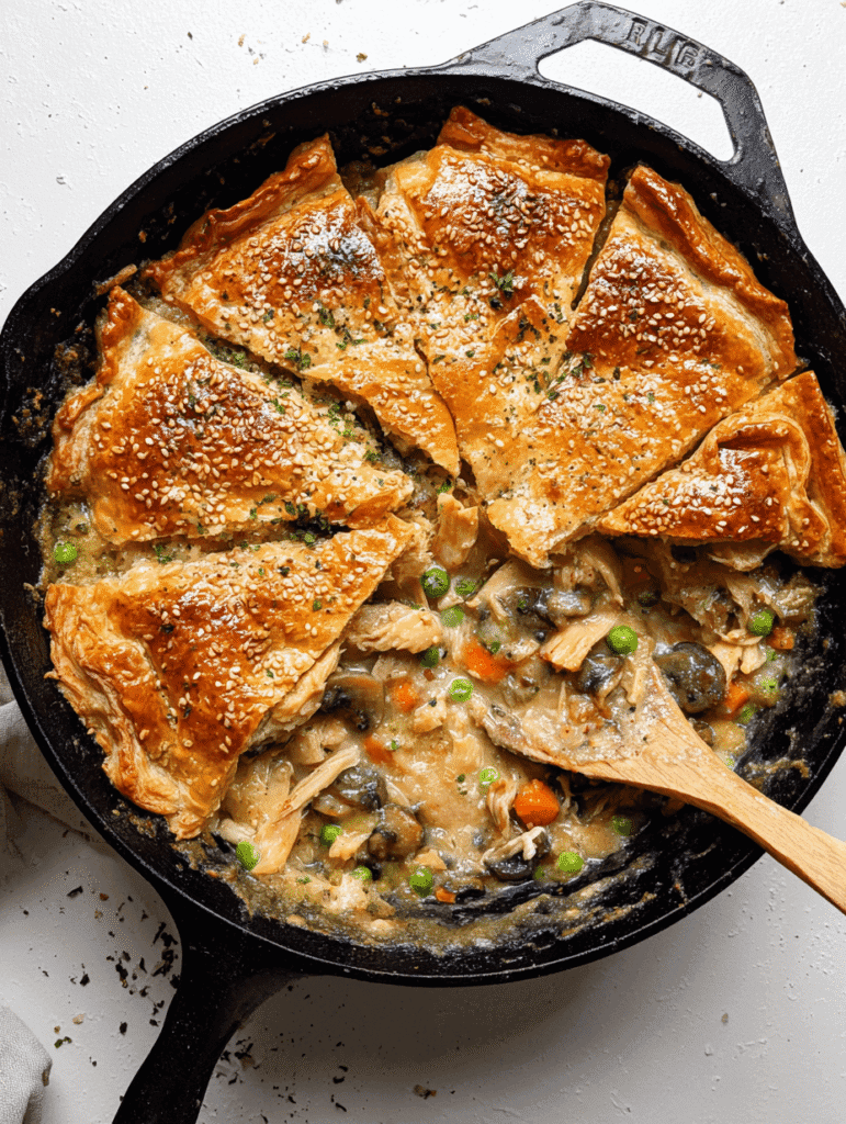 sliced easy chicken pot pie with cream of chicken soup in cast iron skillet