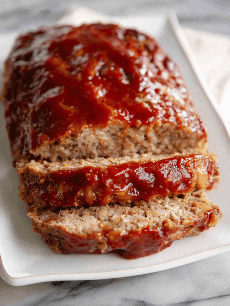 sliced lipton onion soup mix meatloaf on white platter