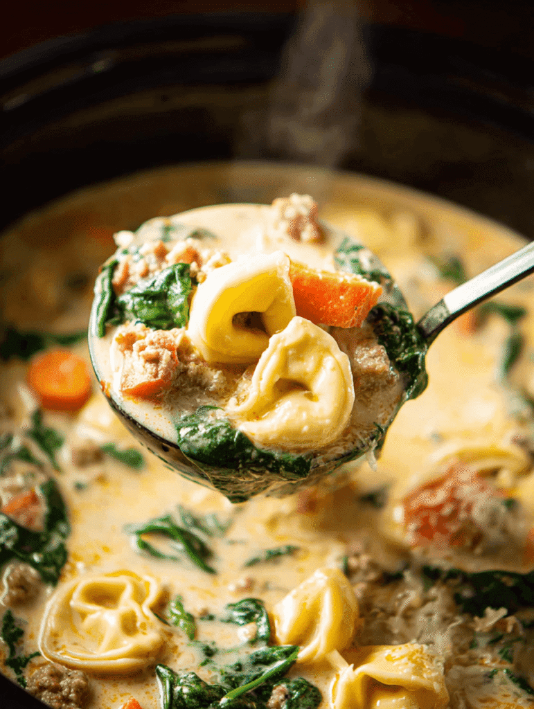 Ladle serving creamy slow cooker tortellini soup with spinach, sausage, and carrots