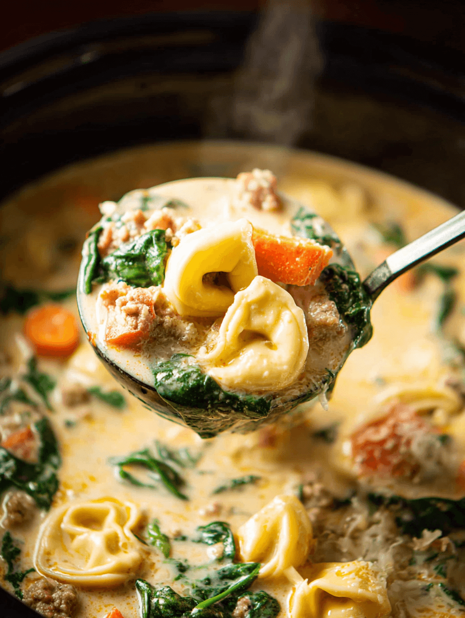 Ladle serving creamy slow cooker tortellini soup with spinach, sausage, and carrots