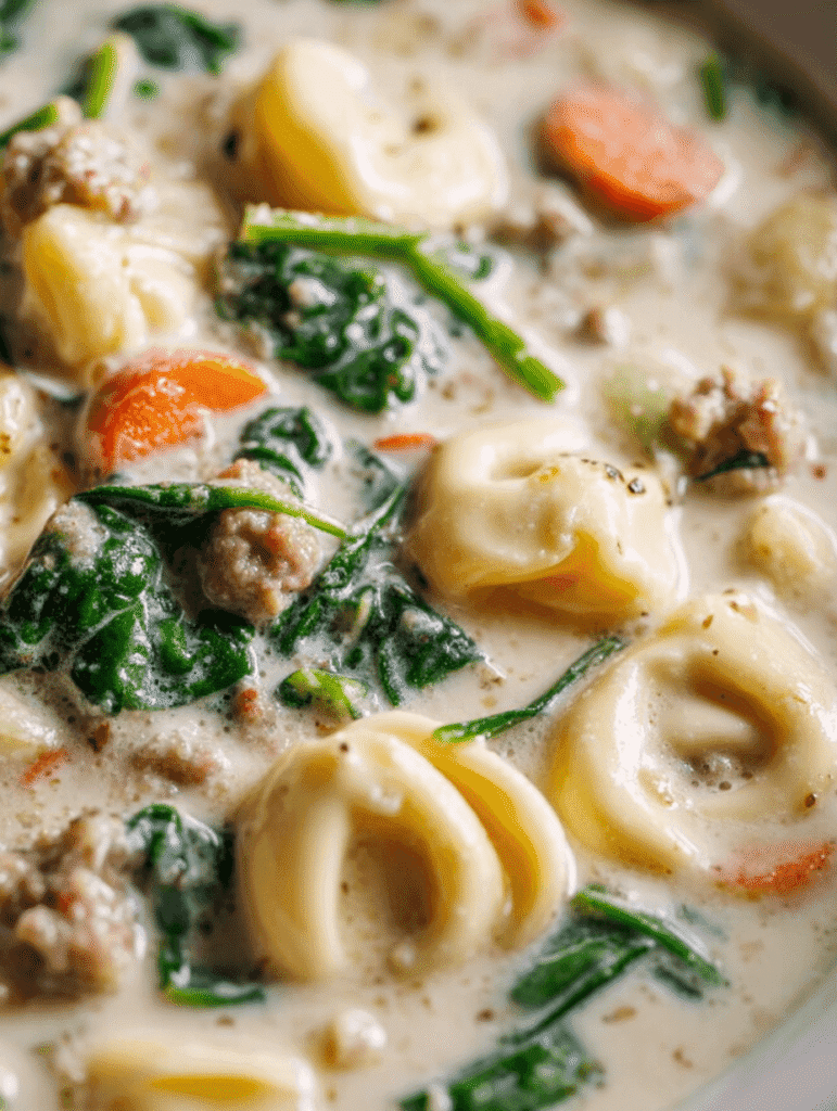 Creamy slow cooker tortellini soup with spinach, sausage, and cheese tortellini