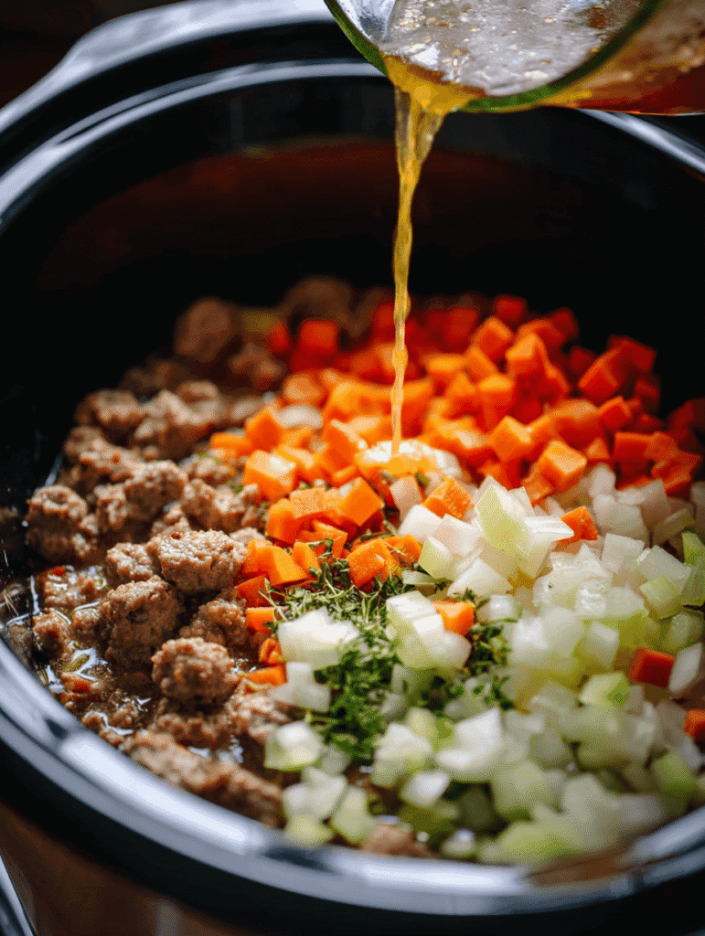 Combining sausage, vegetables, and broth in a slow cooker for tortellini soup