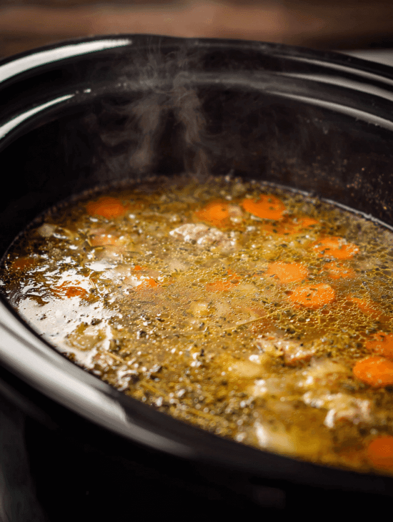 Simmering broth with vegetables and herbs in a slow cooker for tortellini soup