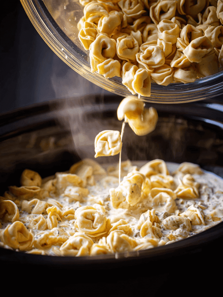 Adding cheese tortellini into creamy broth for slow cooker tortellini soup