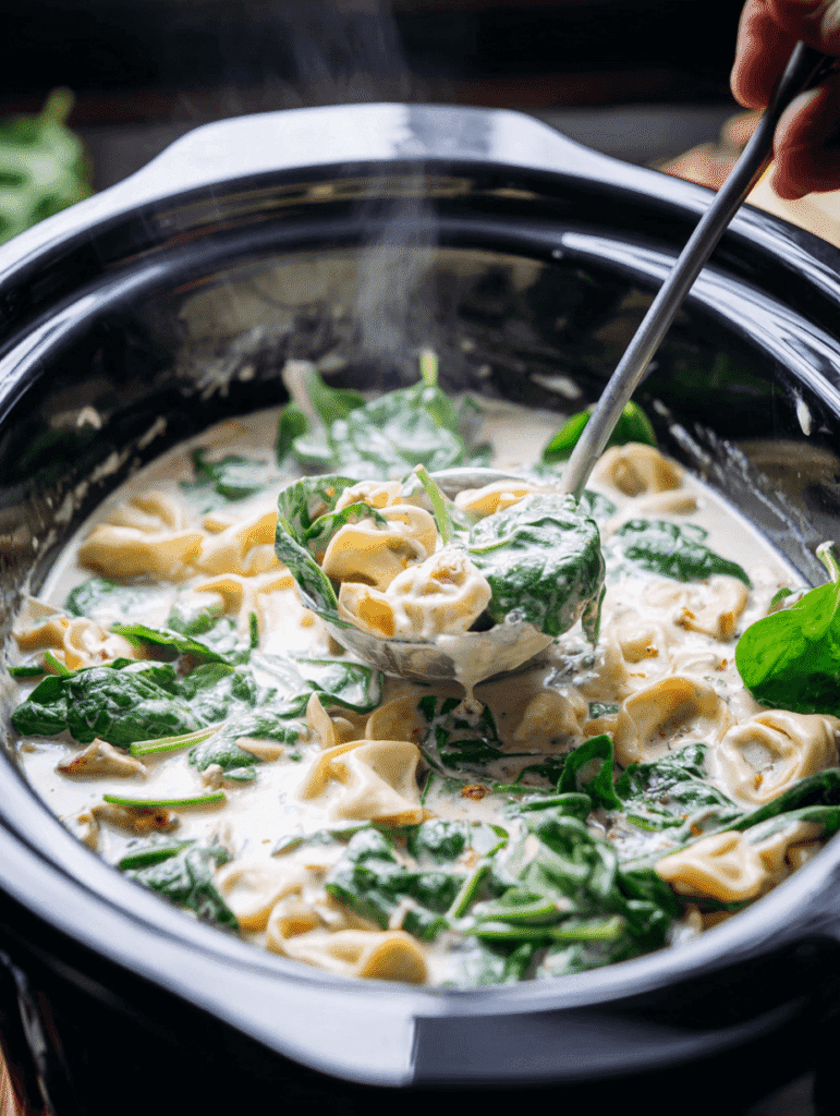 Stirring fresh spinach into creamy slow cooker tortellini soup before serving