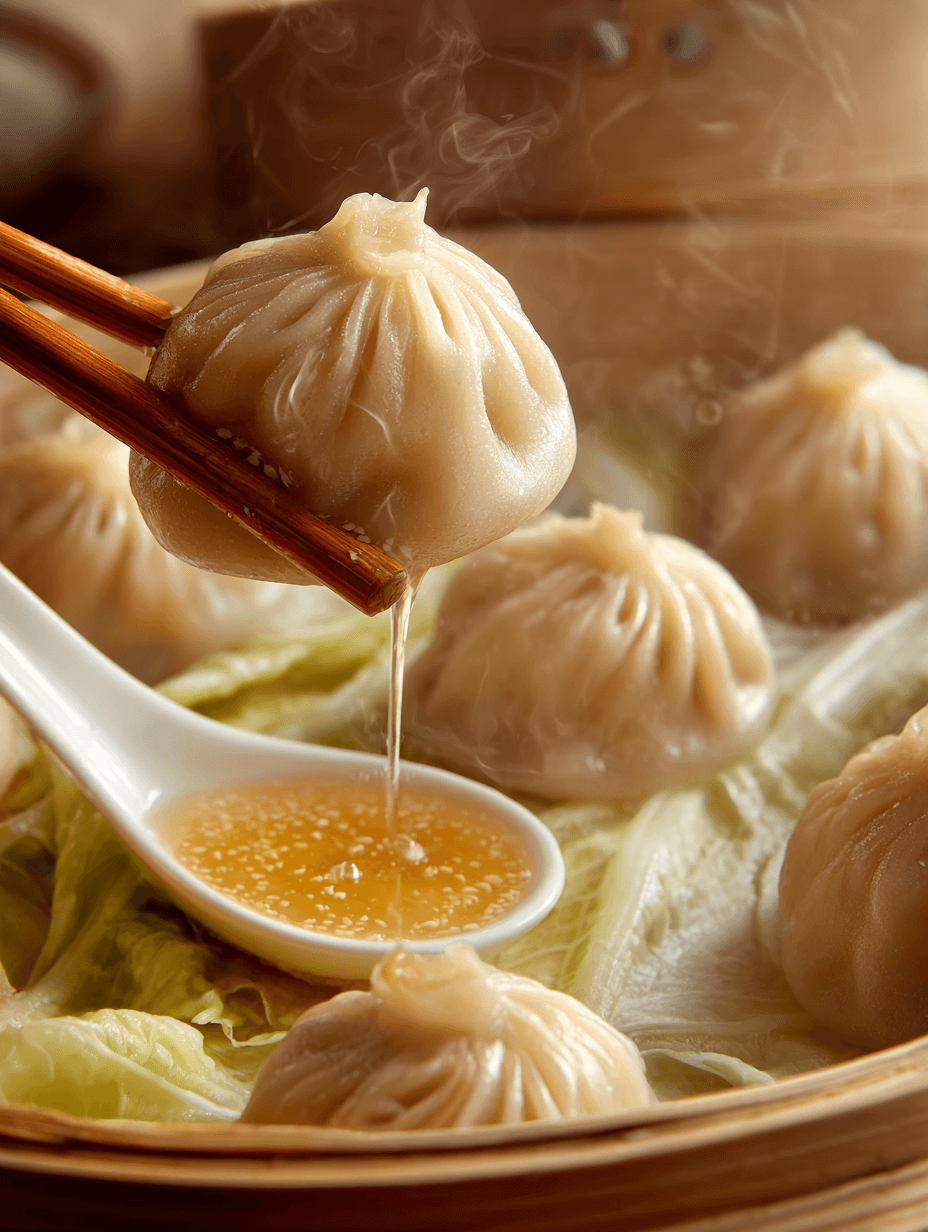 Soup dumpling releasing broth while lifted with chopsticks for onion cup recipe