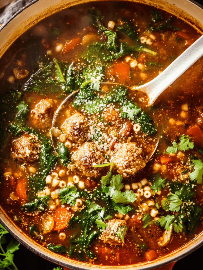 Southwestern Wedding Soup simmering in Dutch oven with ladle
