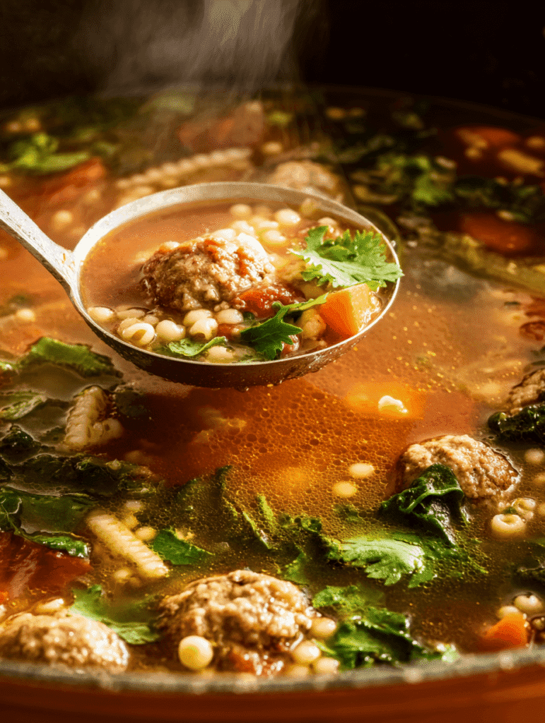 Ladle of Southwestern Wedding Soup with meatballs and vegetables