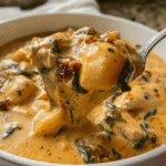 Spoonful of creamy Marry Me Chicken Gnocchi Soup with chicken and gnocchi