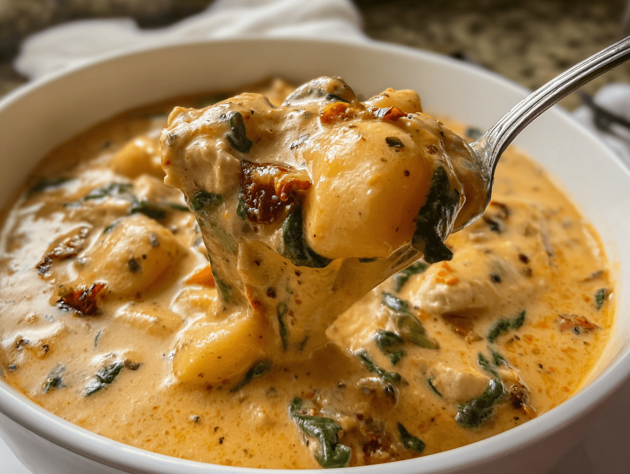 Marry Me Chicken Gnocchi Soup – The Ultimate Cozy Winner 16 Spoonful of creamy Marry Me Chicken Gnocchi Soup with chicken and gnocchi