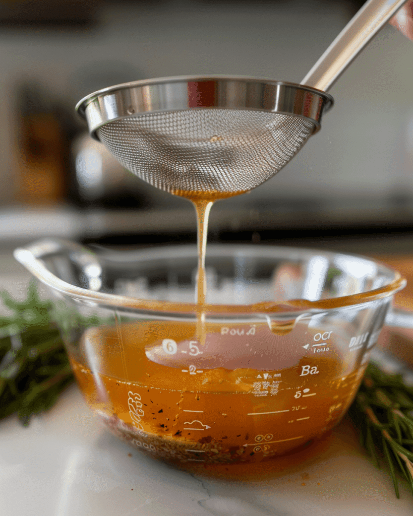 straining butter turkey injection marinade through fine mesh sieve