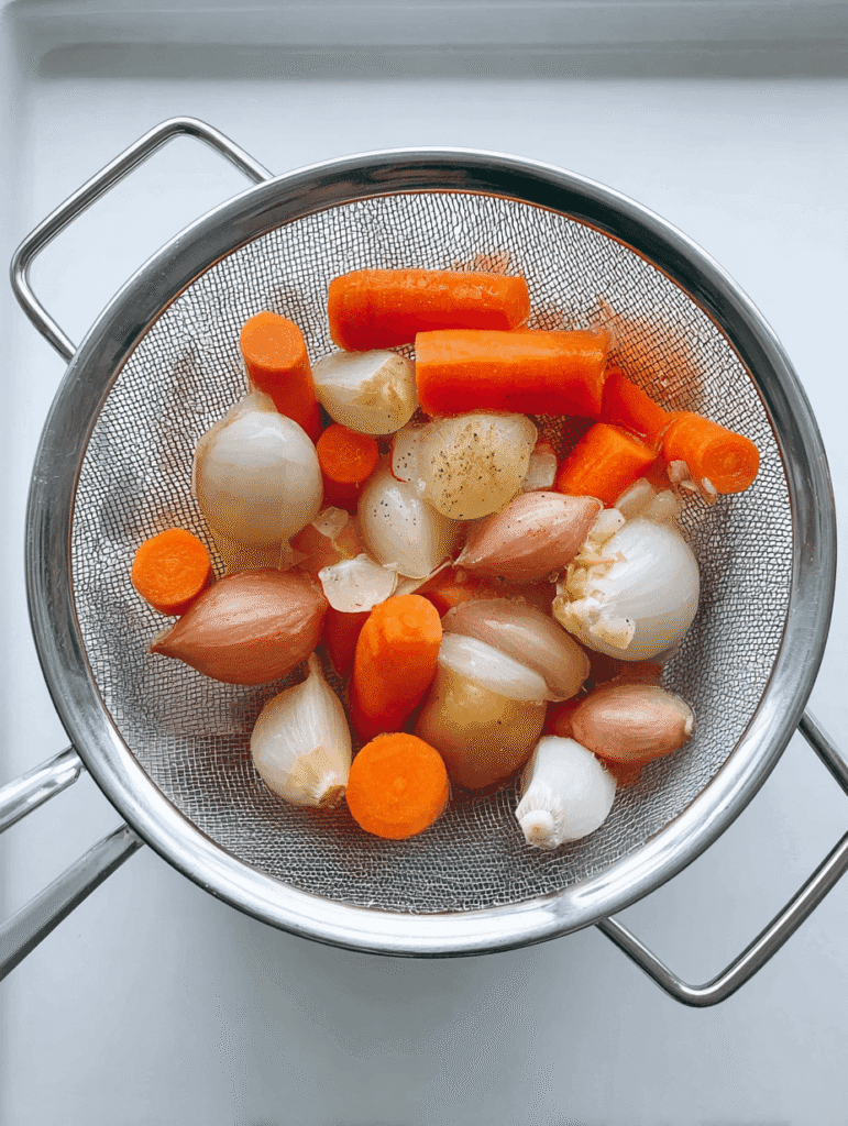 Straining simmered vegetables for Japanese clear soup
