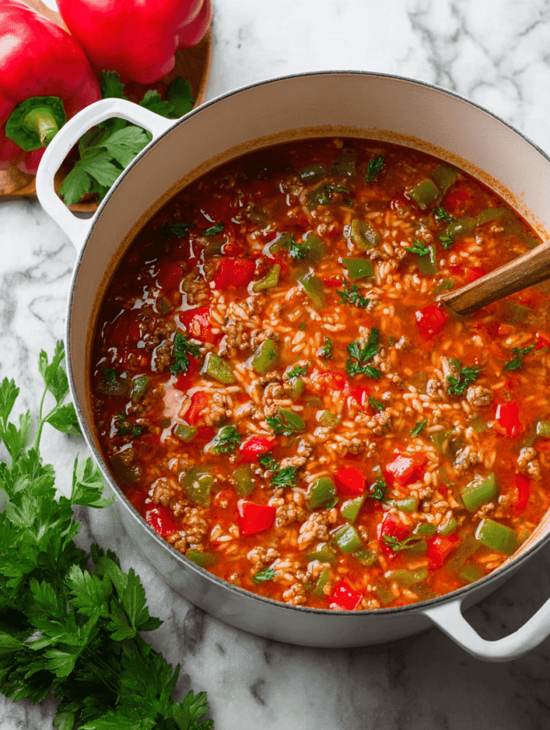 stuffed pepper soup in white pot