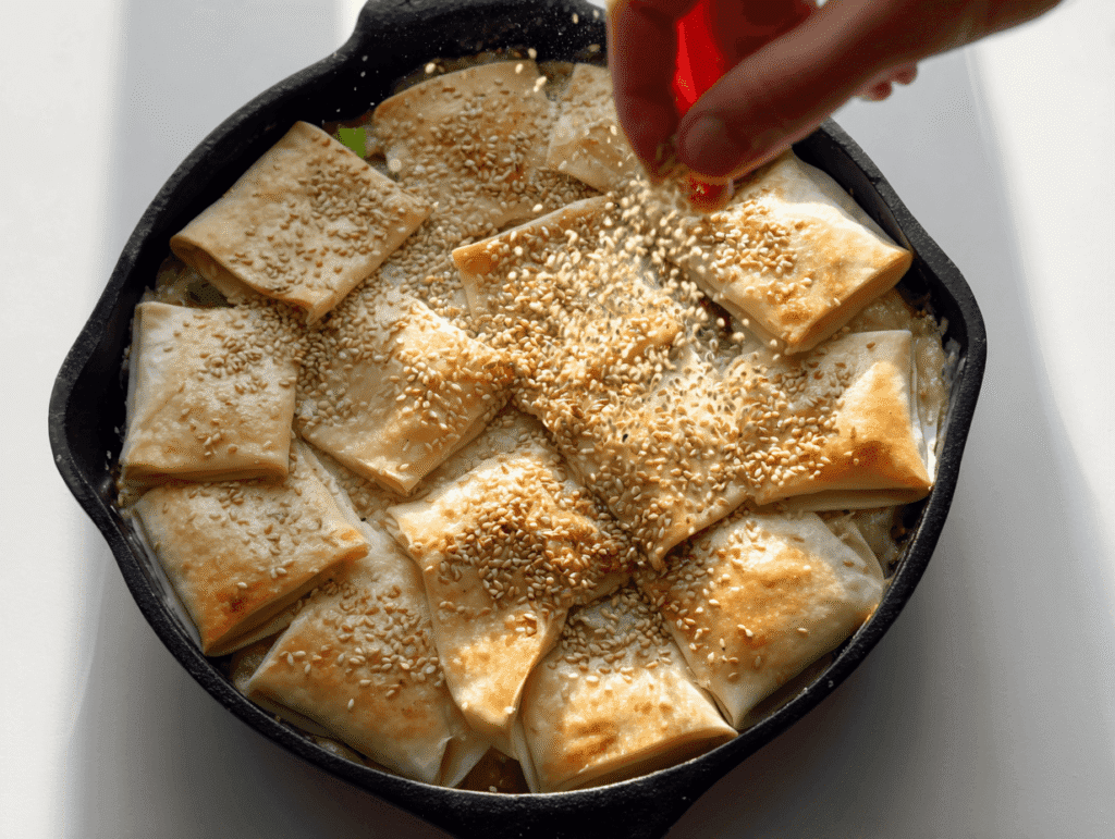 hand sprinkling sesame seeds over puff pastry chicken pot pie before baking