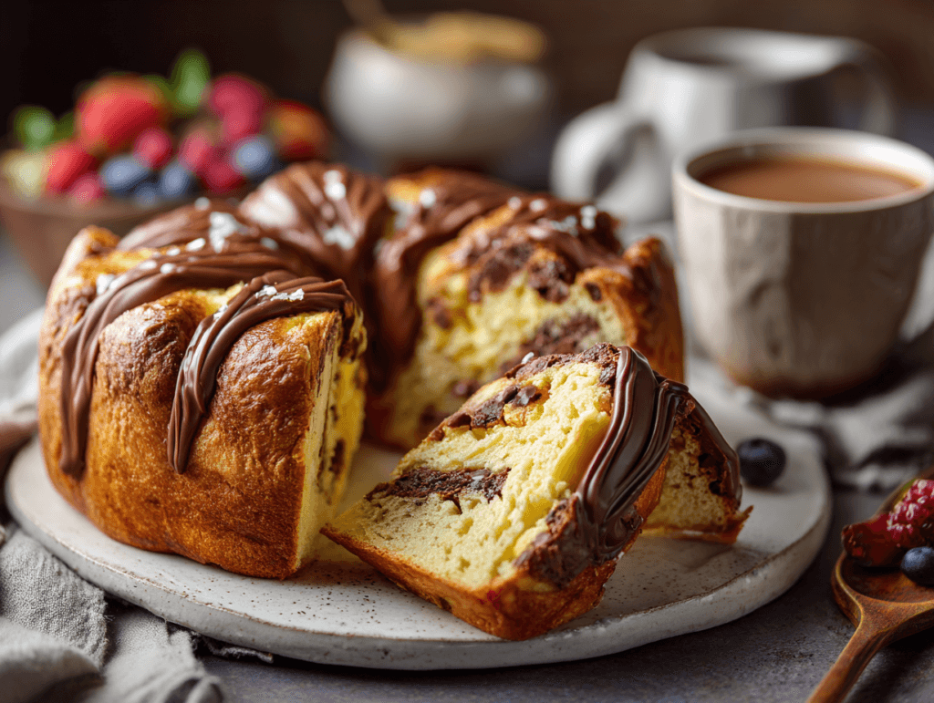 Chocolate Filled King Cake That Always Wins at Parties 3 Sliced chocolate filled king cake showing chocolate swirl