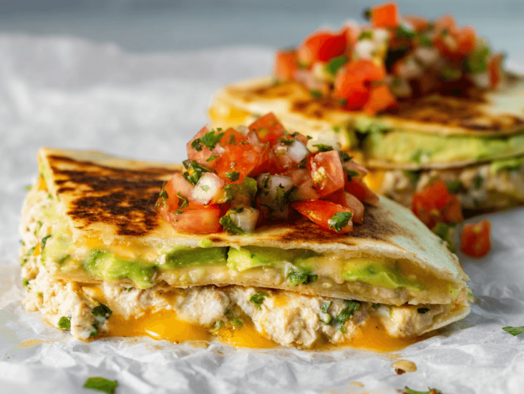 tuna melt quesadillas cross section with melted cheese and tuna filling