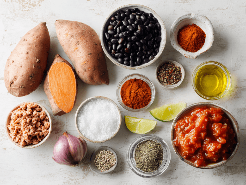 Ingredients for microwave baked sweet potatoes and chili