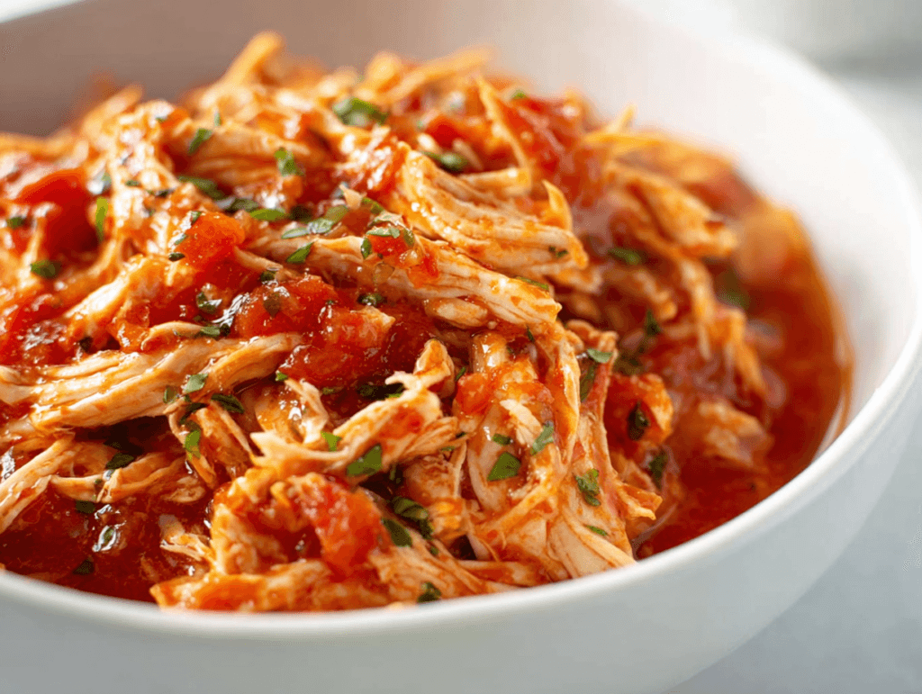 2-Ingredient Salsa Chicken Tacos shredded chicken filling in white bowl