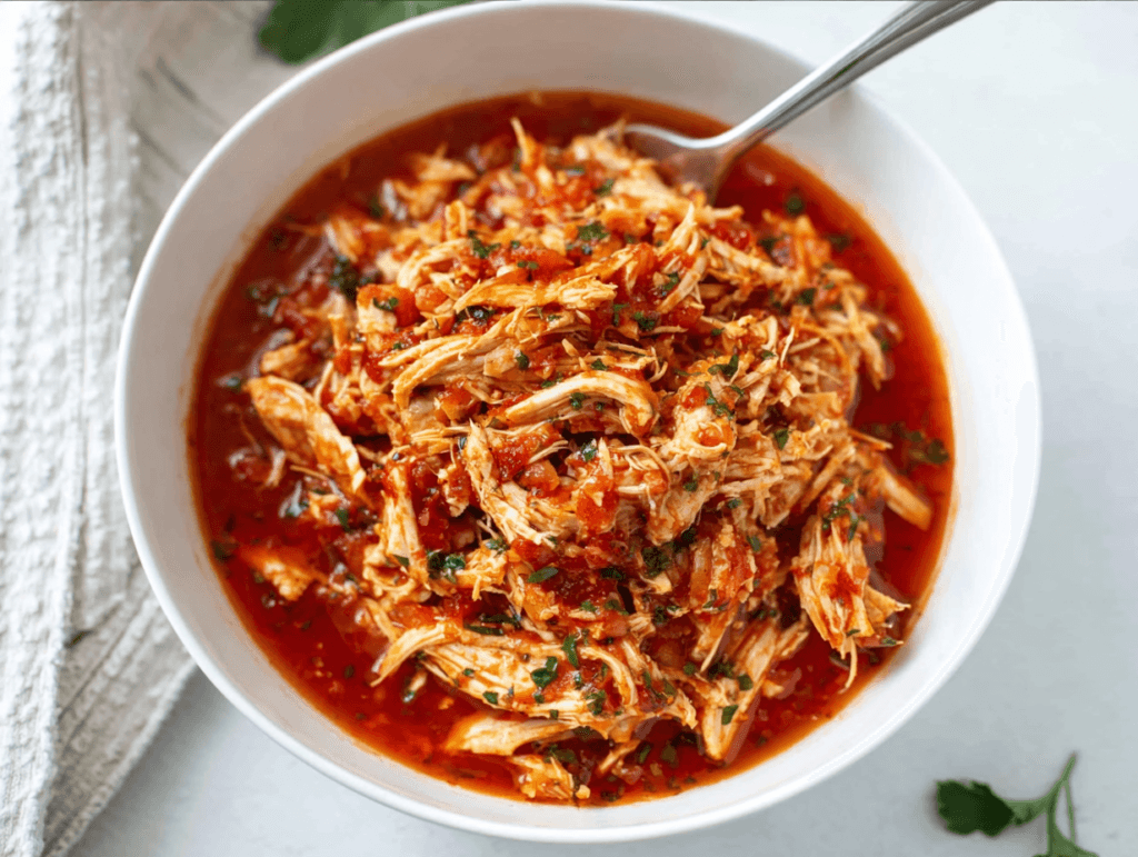 2-Ingredient Salsa Chicken Tacos shredded chicken filling in white bowl