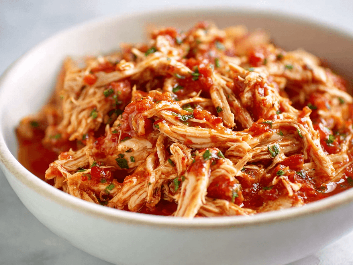 2-Ingredient Salsa Chicken Tacos filling made with shredded chicken and salsa