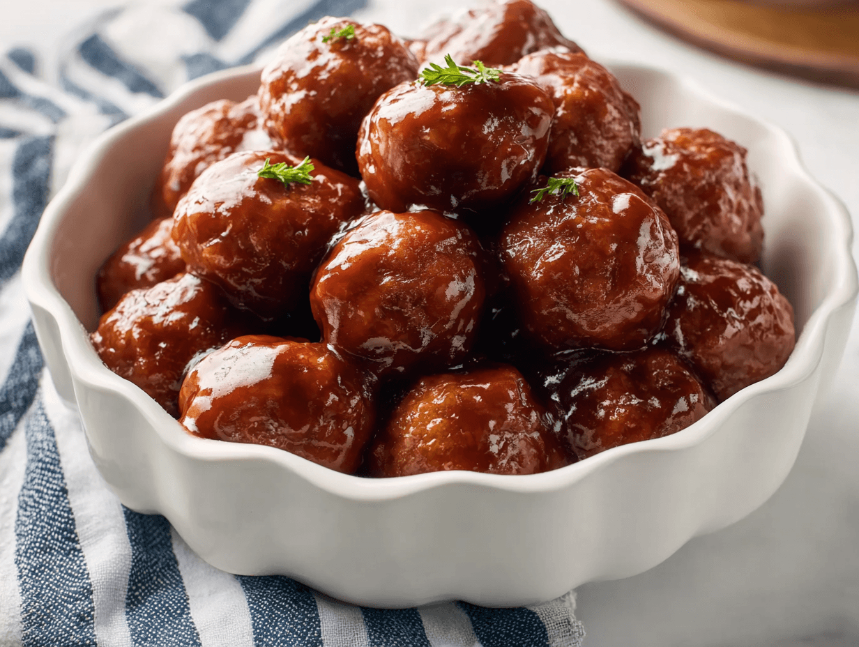 3-Ingredient Crockpot BBQ Meatballs glistening in sauce inside a white bowl