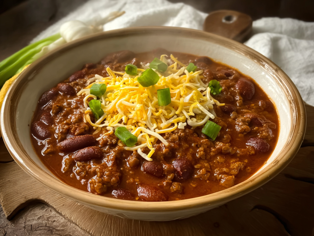 5-Ingredient Chili with ground beef and beans in rustic bowl