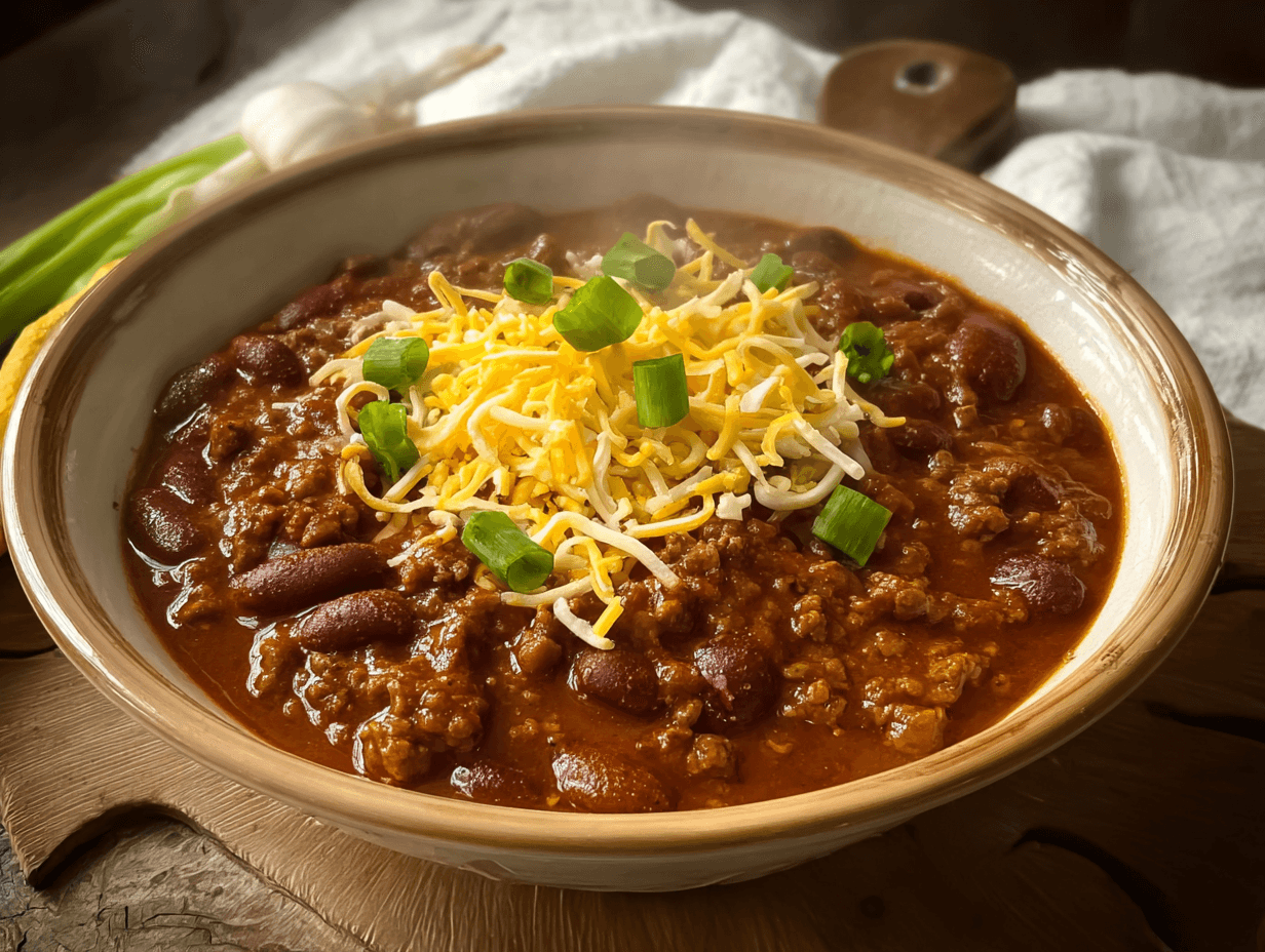 5-Ingredient Chili with ground beef and beans in rustic bowl