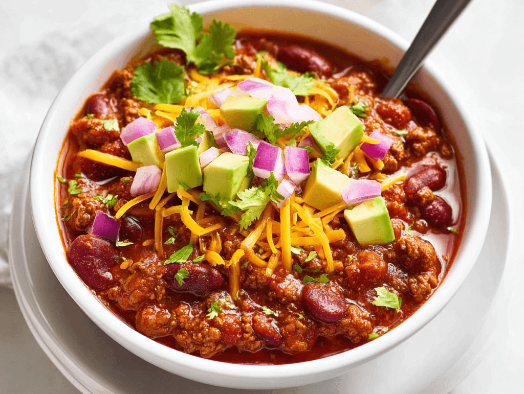 5-Ingredient Chili served with cheese and sour cream toppings