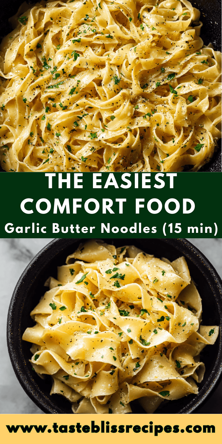 Garlic butter noodles recipe card with text overlay