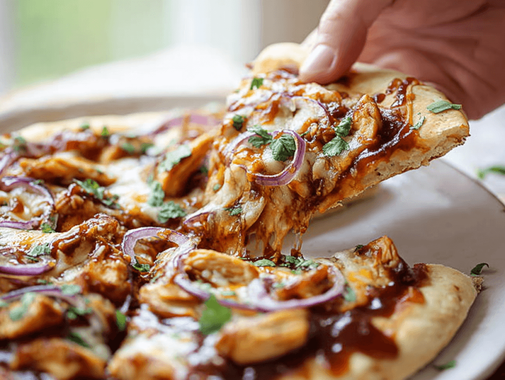 Hand lifting a slice of BBQ Chicken Flatbread Pizza with chicken, red onion, cilantro, and BBQ sauce